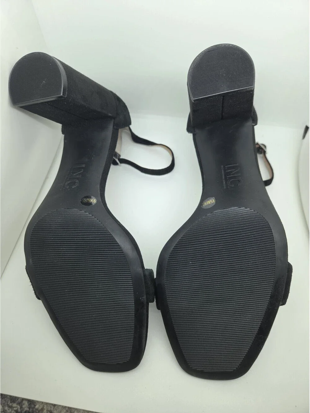 INC International Concepts Black Suede Ankle Strap Block Heel Sandals 9.5 M